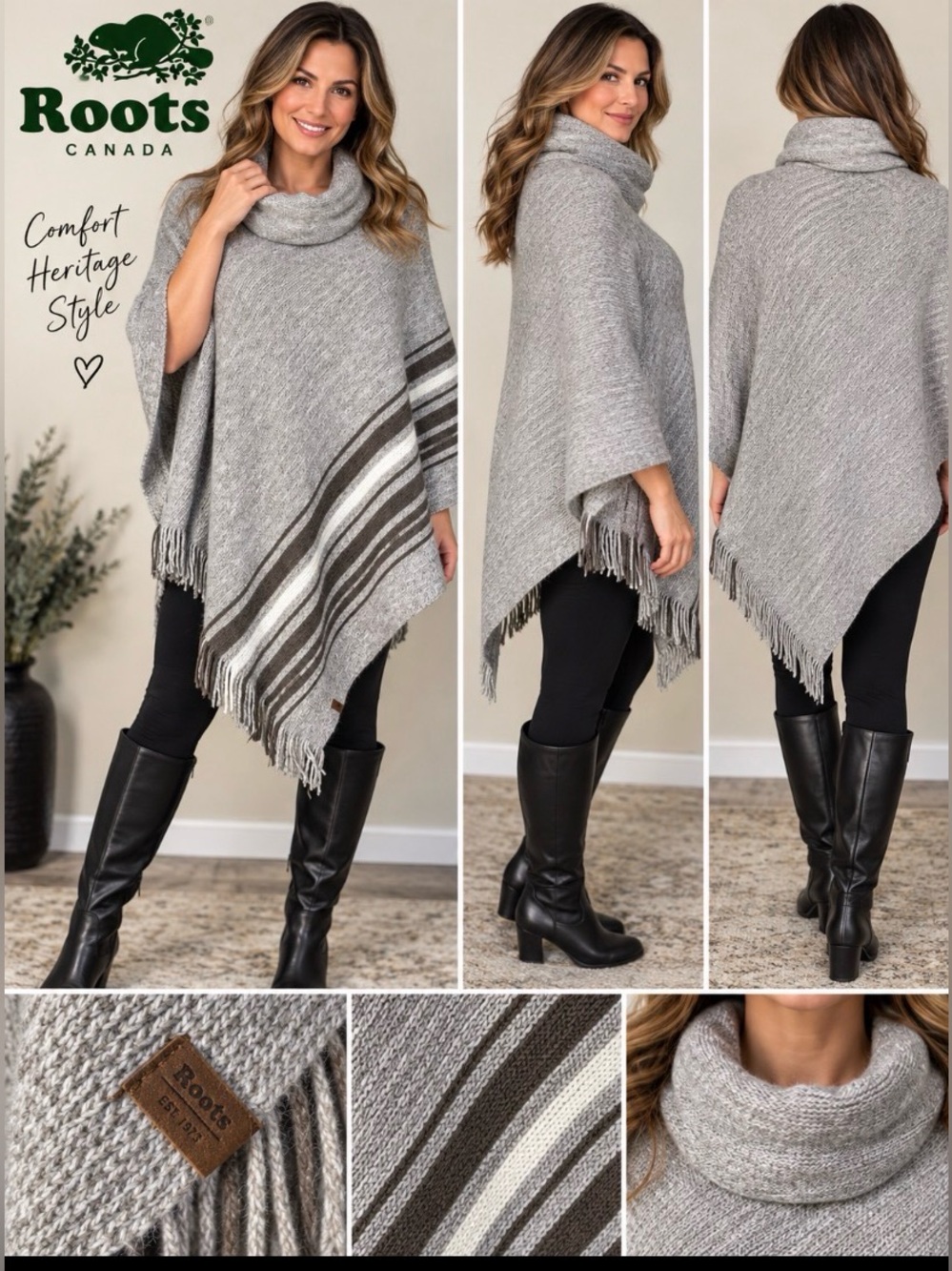 Roots Canada Grey Cowl Neck Striped Fringe Poncho Cape One Size
